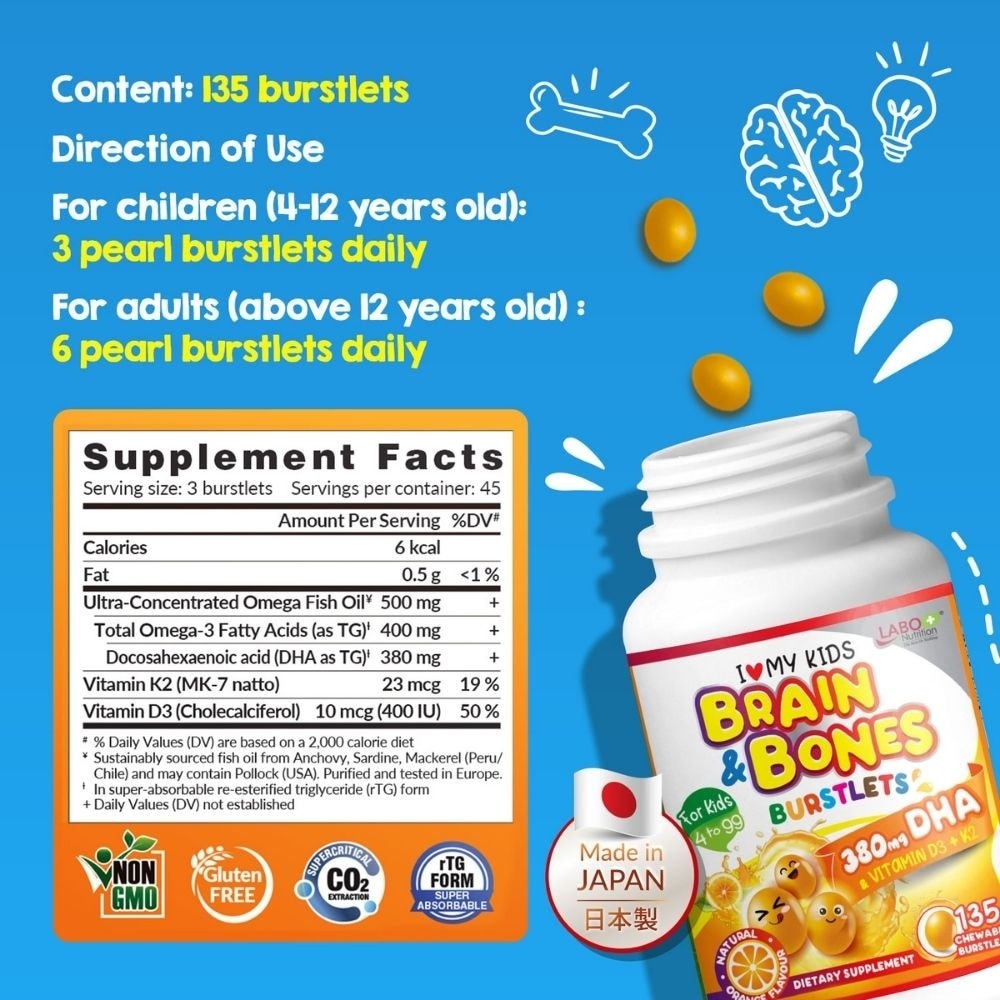 I Love My Kids DHA76 Brain & Bones Dietary Supplement Burstlets (Omega 3 DHA Fish Oil + Vitamin D3 for Smarter Learning, Better Focus & Behaviour) 135s