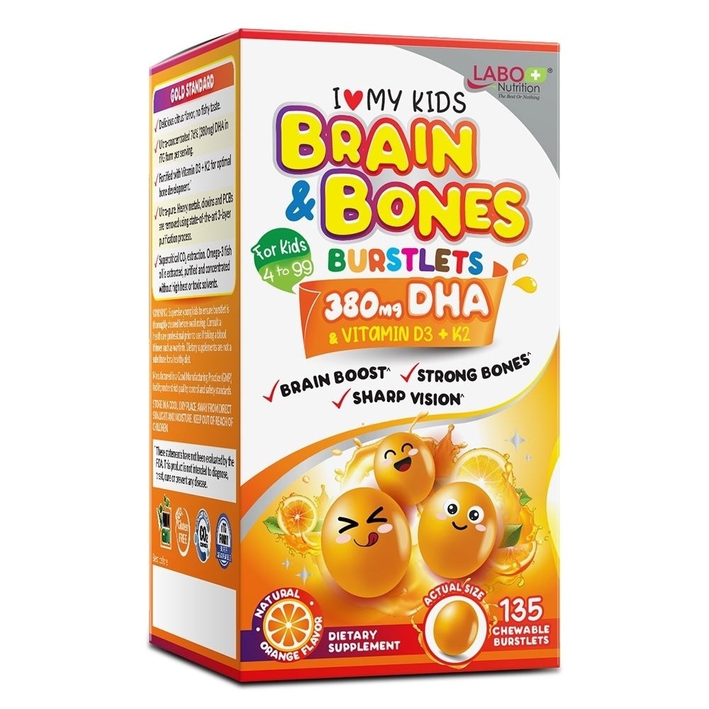 I Love My Kids DHA76 Brain & Bones Dietary Supplement Burstlets (Omega 3 DHA Fish Oil + Vitamin D3 for Smarter Learning, Better Focus & Behaviour) 135s