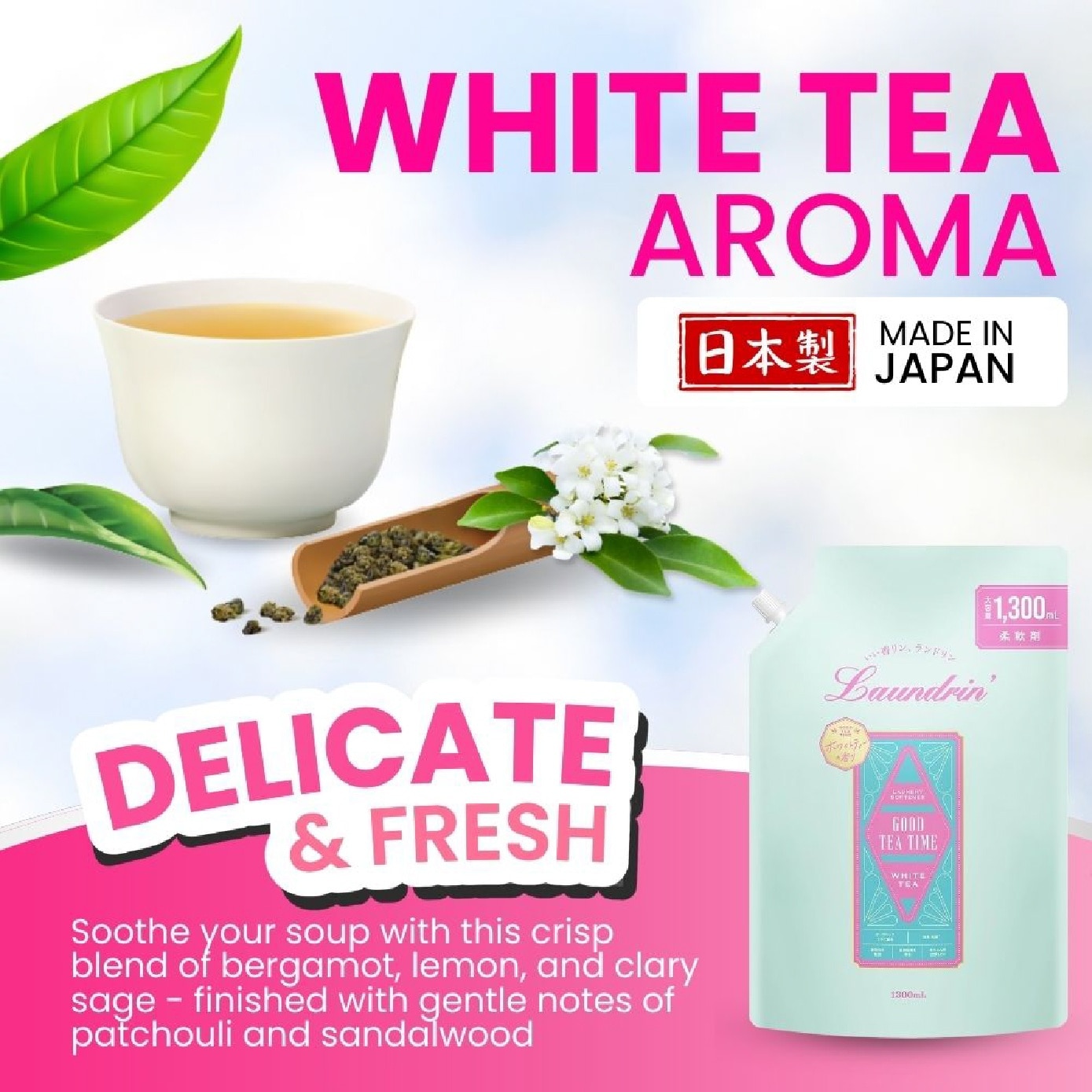 Laundry Fabric Softener White Tea Jumbo Refill Pack 1300ml