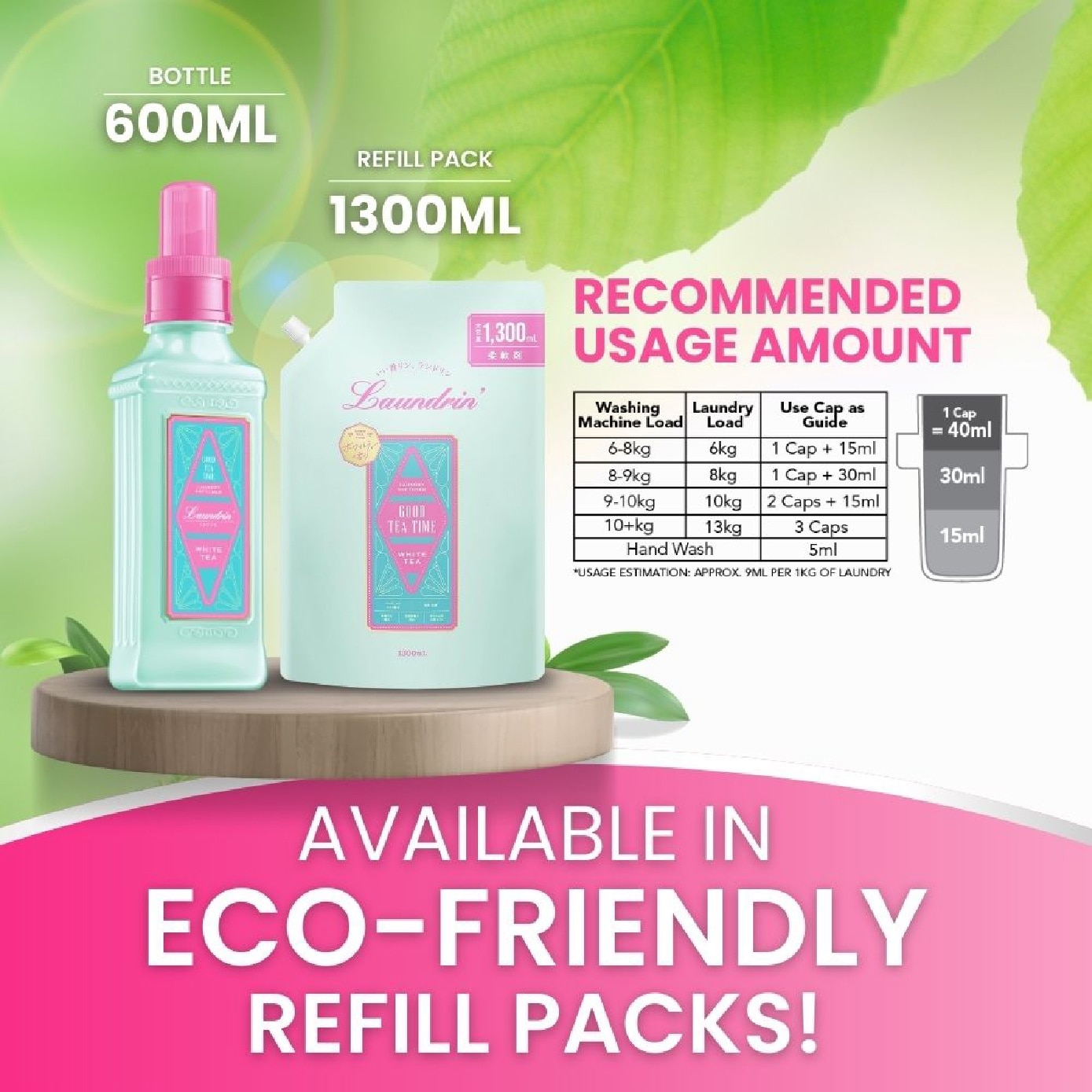 Laundry Fabric Softener White Tea Jumbo Refill Pack 1300ml