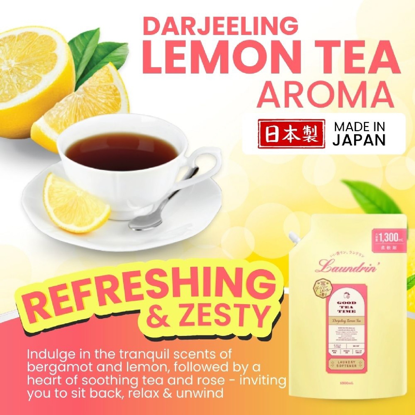 Laundry Fabric Softener Darjeeling Lemon Tea Jumbo Refill Pack 1300ml