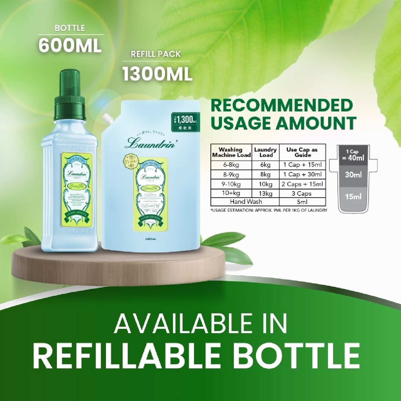 Laundry Fabric Softener Green Tea Jumbo Refill Pack 1300ml