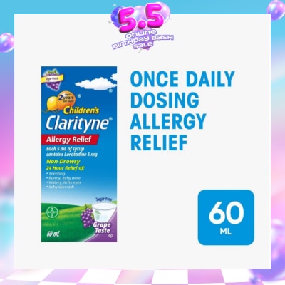 CLARITYNE - Non*Drowsy Allergy Relief Syrup Grape Flavour (Suitable for Kids above 2yrs old) 60ml
