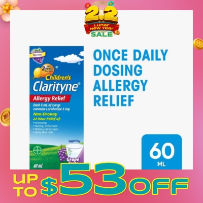 CLARITYNE Non*Drowsy Allergy Relief Syrup Grape Flavour (Suitable for Kids above 2yrs old) 60ml (Expiry: Jul`2026)