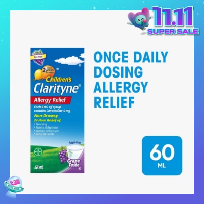 CLARITYNE Non*Drowsy Allergy Relief Syrup Grape Flavour (Suitable for Kids above 2yrs old) 60ml (Expiry: Jul`2026)