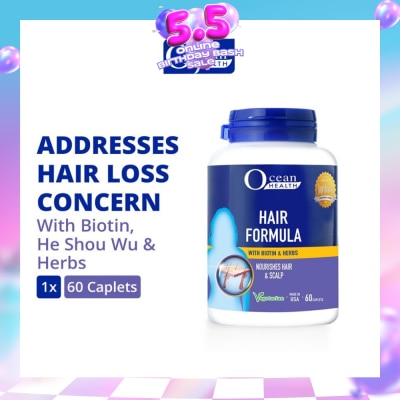OCEAN HEALTH - Hair Formula Caplet (Nourishes Hair & Scalp, Helps Address Hair Loss & Premature Greying of Hair Concerns + With Biotin & Herbs + Vegetarian) 60s