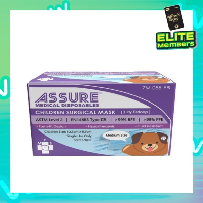 ASSURE 3ply Surgical Face Mask with Earloop for Children/Kids Bacterial Filtration Efficiency 99%) 50s
