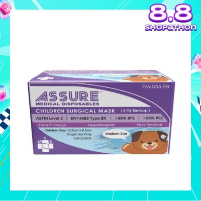 ASSURE 3ply Surgical Face Mask with Earloop for Children/Kids Bacterial Filtration Efficiency 99%) 50s