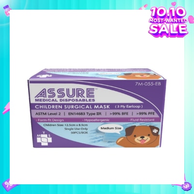 ASSURE 3ply Surgical Face Mask with Earloop for Children/Kids Bacterial Filtration Efficiency 99%) 50s