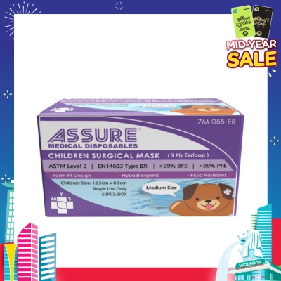 ASSURE 3ply Surgical Face Mask with Earloop for Children/Kids Bacterial Filtration Efficiency 99%) 50s