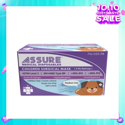 ASSURE 3ply Surgical Face Mask with Earloop for Children/Kids Bacterial Filtration Efficiency 99%) 50s