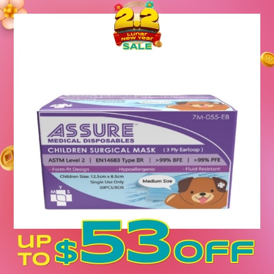 ASSURE 3ply Surgical Face Mask with Earloop for Children/Kids Bacterial Filtration Efficiency 99%) 50s