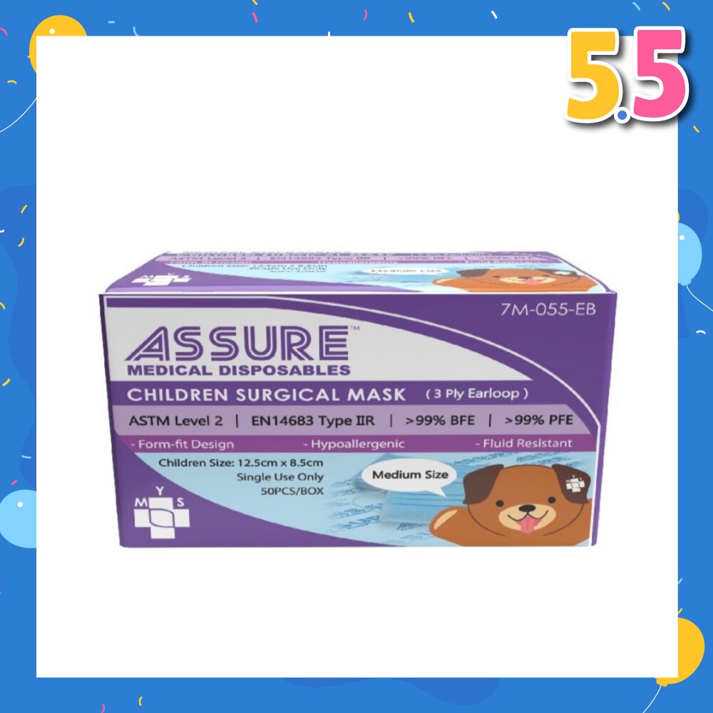 3ply Surgical Face Mask with Earloop for Children/Kids Bacterial Filtration Efficiency 99%) 50s