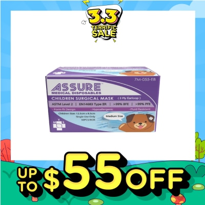 ASSURE 3ply Surgical Face Mask with Earloop for Children/Kids Bacterial Filtration Efficiency 99%) 50s