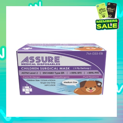 ASSURE 3ply Surgical Face Mask with Earloop for Children/Kids Bacterial Filtration Efficiency 99%) 50s
