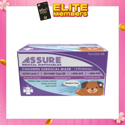 ASSURE 3ply Surgical Face Mask with Earloop for Children/Kids Bacterial Filtration Efficiency 99%) 50s