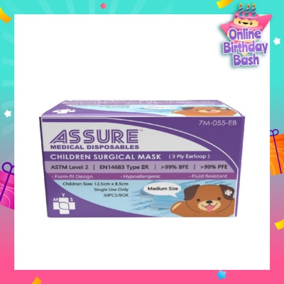 ASSURE 3ply Surgical Face Mask with Earloop for Children/Kids Bacterial Filtration Efficiency 99%) 50s