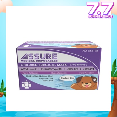 ASSURE 3ply Surgical Face Mask with Earloop for Children/Kids Bacterial Filtration Efficiency 99%) 50s