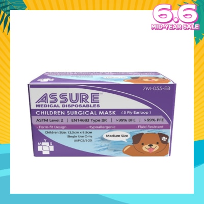 ASSURE 3ply Surgical Face Mask with Earloop for Children/Kids Bacterial Filtration Efficiency 99%) 50s
