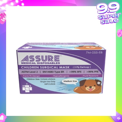 ASSURE 3ply Surgical Face Mask with Earloop for Children/Kids Bacterial Filtration Efficiency 99%) 50s