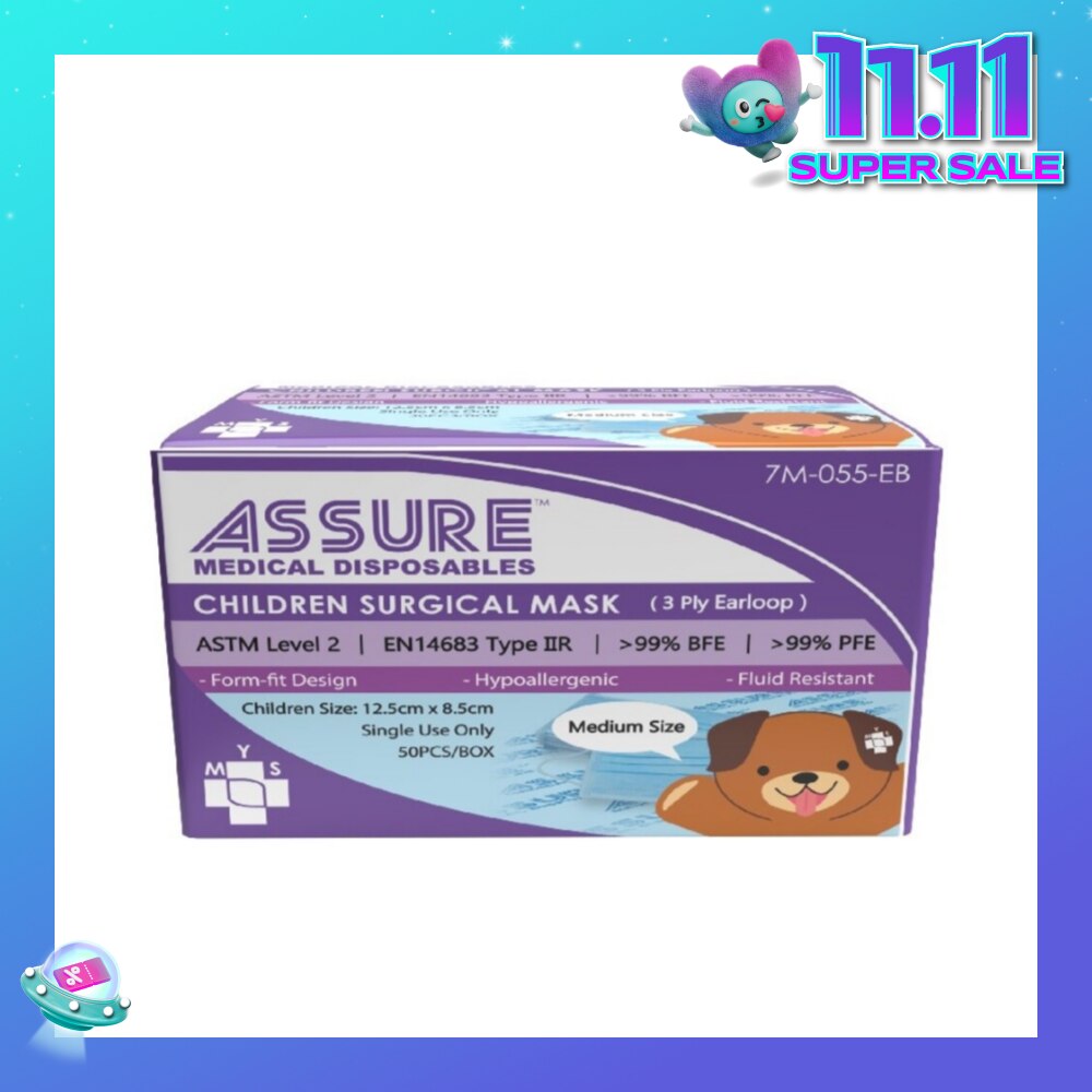 3ply Surgical Face Mask with Earloop for Children/Kids Bacterial Filtration Efficiency 99%) 50s