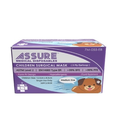 ASSURE 3ply Surgical Face Mask with Earloop for Children/Kids Bacterial Filtration Efficiency 99%) 50s