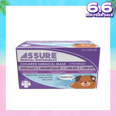 ASSURE 3ply Surgical Face Mask with Earloop for Children/Kids Bacterial Filtration Efficiency 99%) 50s