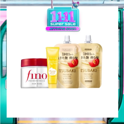 TSUBAKI Premium Volume Shampoo & Conditioner + Senka Facial Cleanser + Fino Hair Mask Bundle Set 1s image