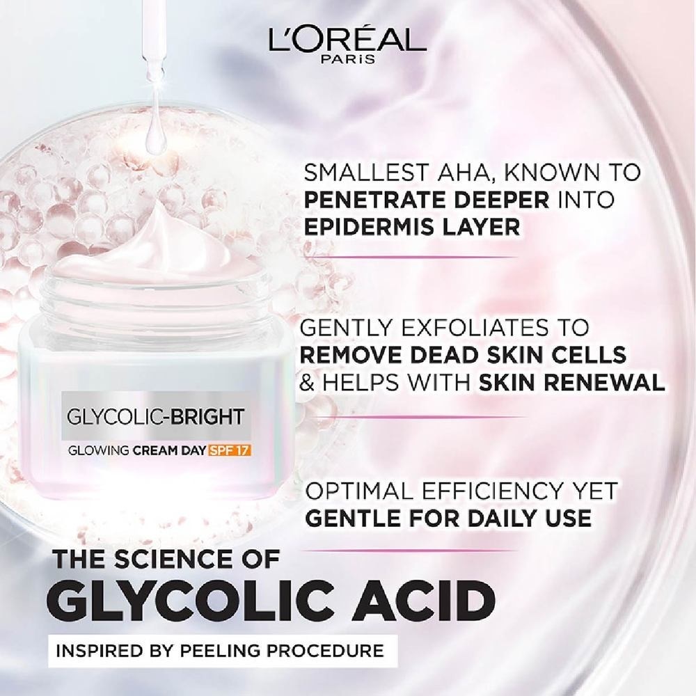 L'oreal Paris Glycolic Bright Glowing Day Cream 50ml (Contains brightening Glycolic Acid)