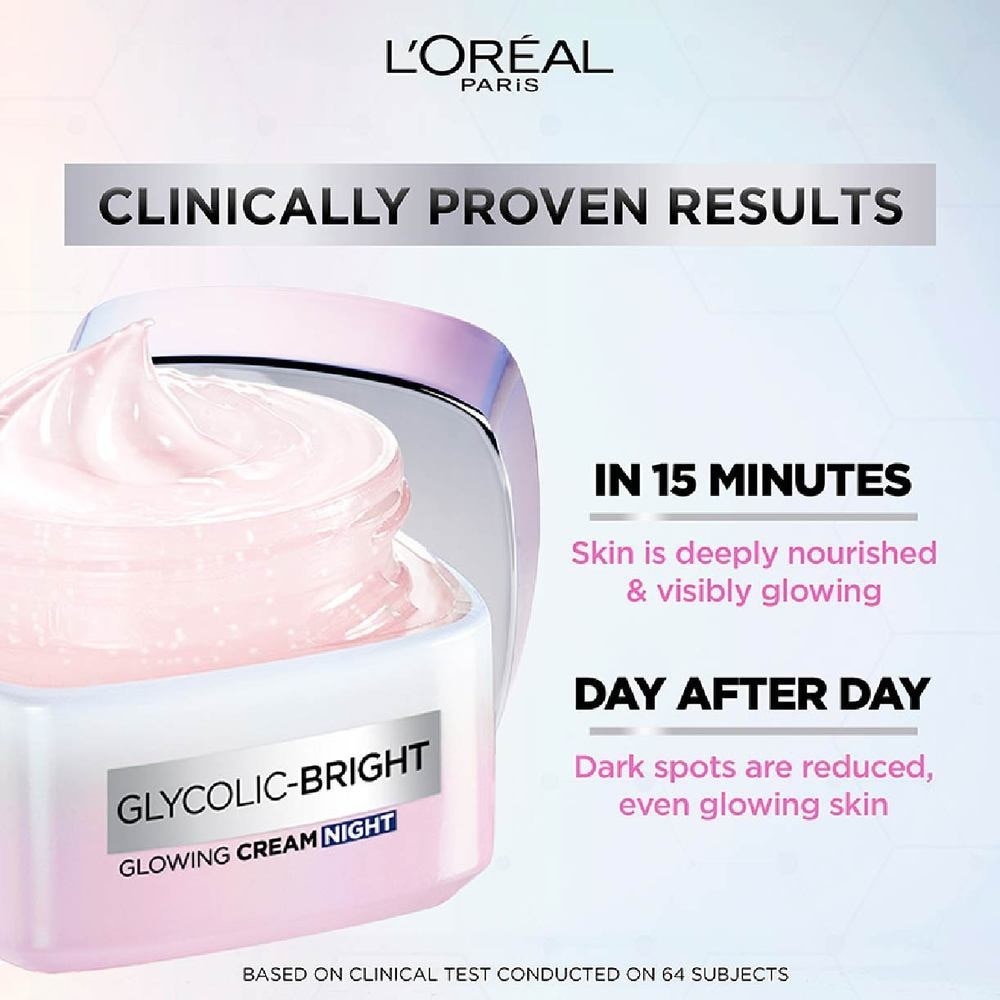 L'oreal Paris Glycolic Bright Glowing Night Cream 50ml (Contains brightening Glycolic Acid)<BR>