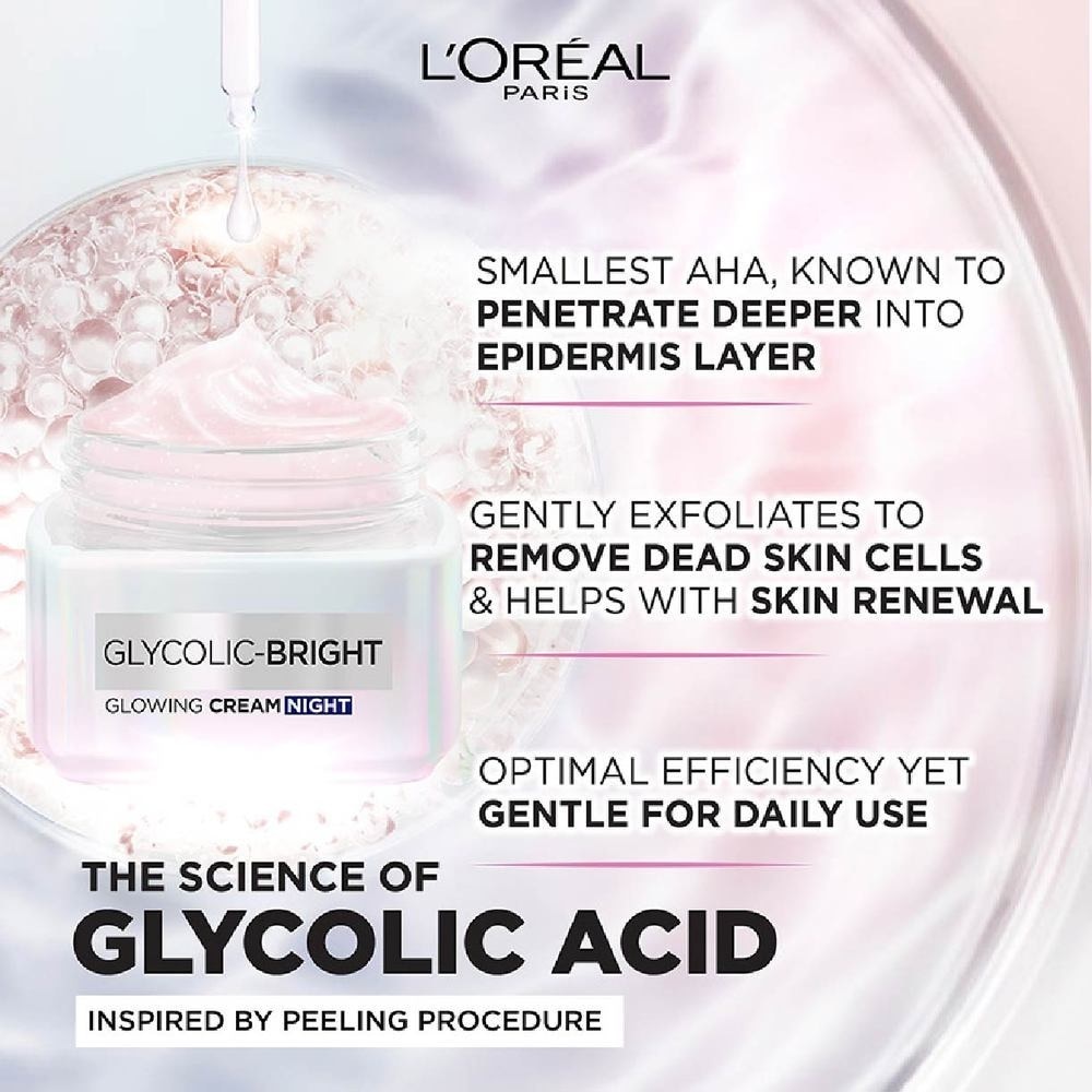 L'oreal Paris Glycolic Bright Glowing Night Cream 50ml (Contains brightening Glycolic Acid)<BR>