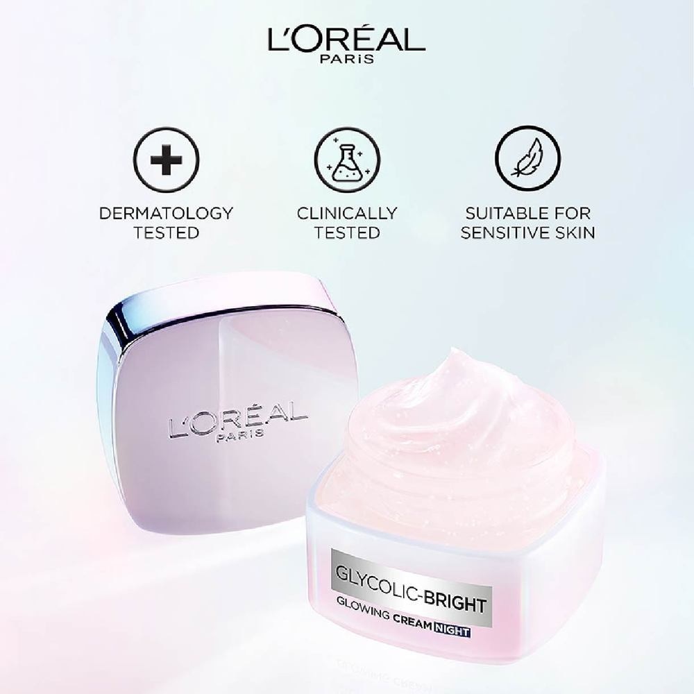 L'oreal Paris Glycolic Bright Glowing Night Cream 50ml (Contains brightening Glycolic Acid)<BR>