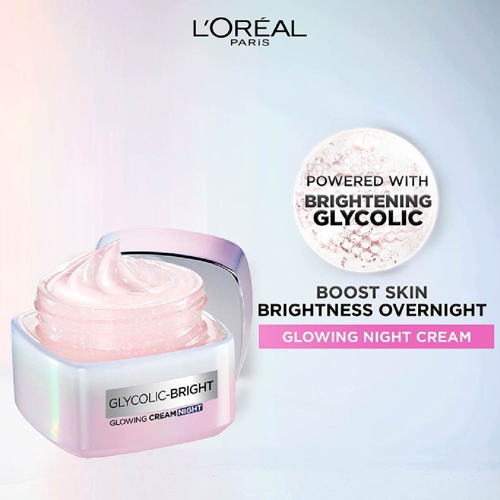 L'oreal Paris Glycolic Bright Glowing Night Cream 50ml (Contains brightening Glycolic Acid)<BR>