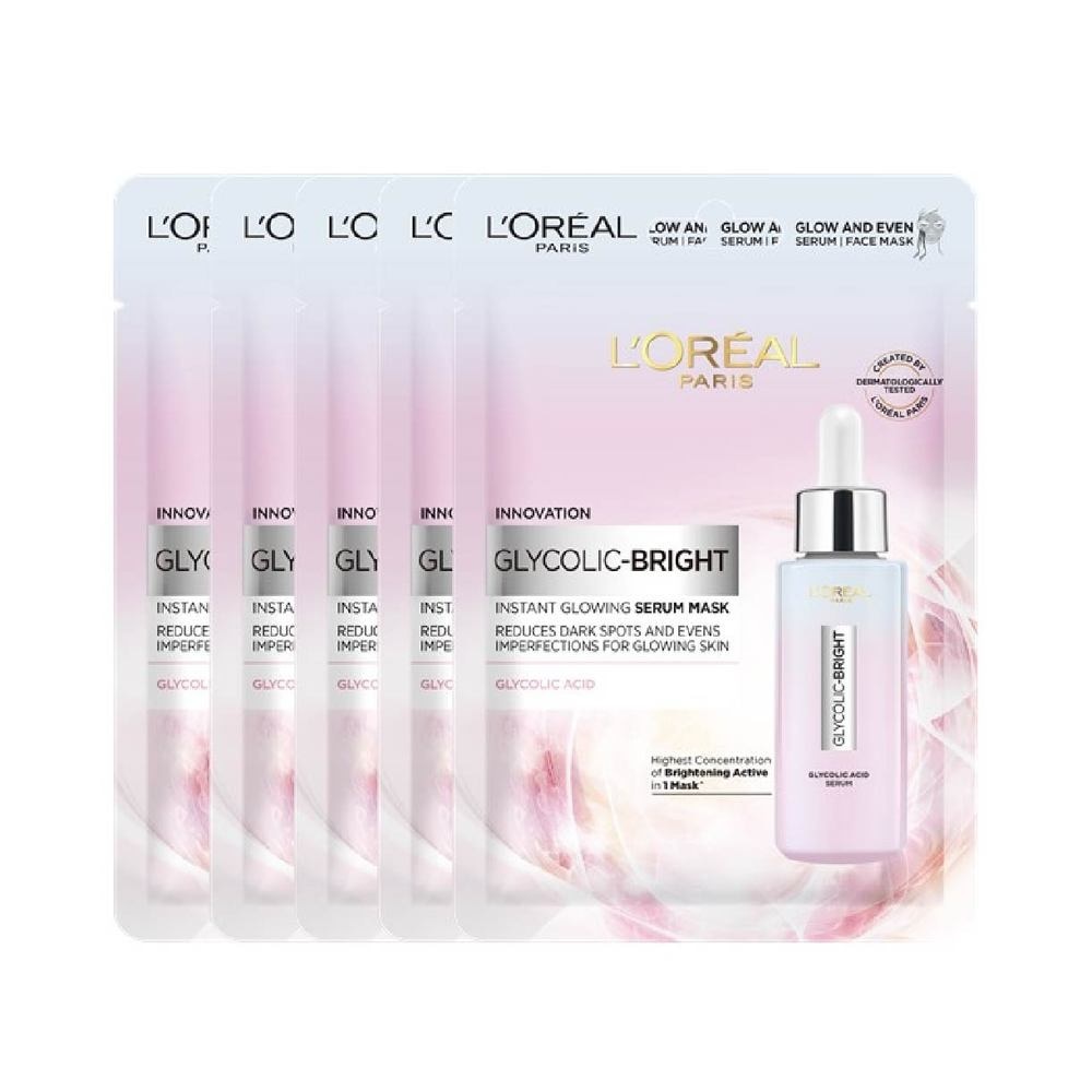 L'oreal Paris Glycolic Bright Instant Glowing Serum Mask Box of 5s (Contains brightening Glycolic Acid)<BR>