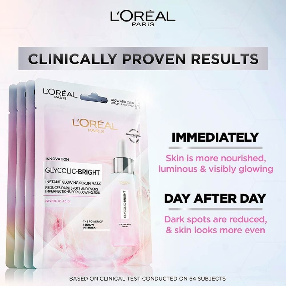 L'oreal Paris Glycolic Bright Instant Glowing Serum Mask Box of 5s (Contains brightening Glycolic Acid)<BR>