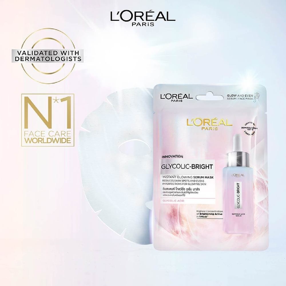 L'oreal Paris Glycolic Bright Instant Glowing Serum Mask Box of 5s (Contains brightening Glycolic Acid)<BR>