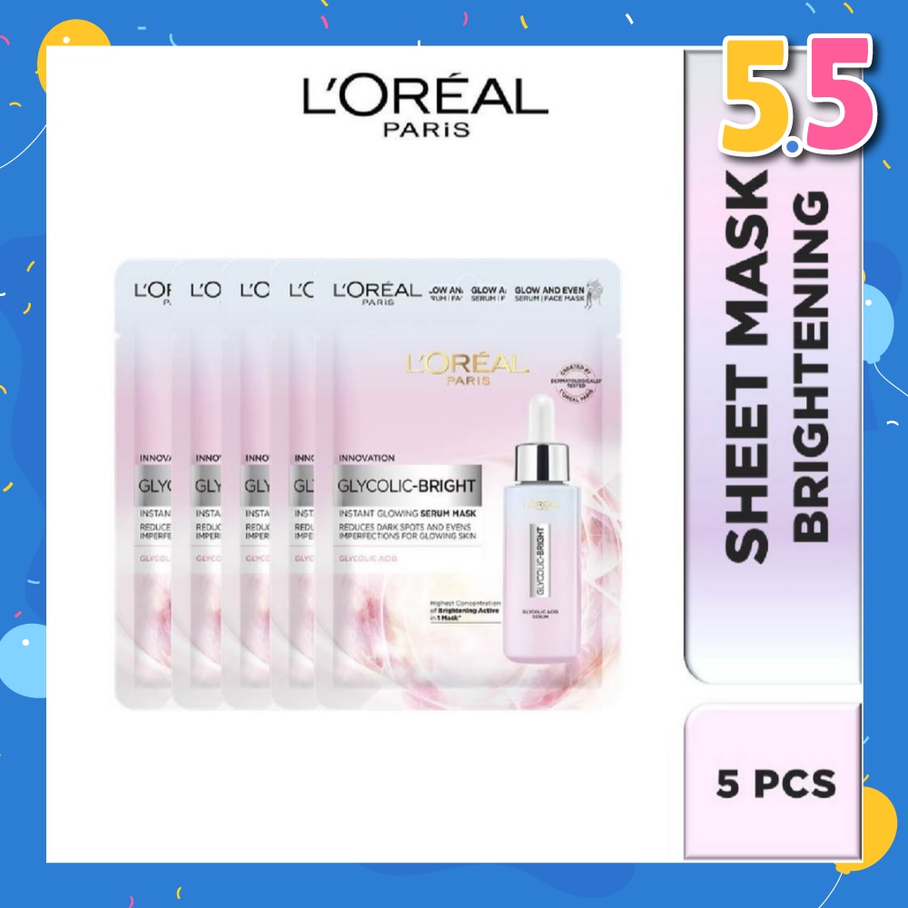 L'oreal Paris Glycolic Bright Instant Glowing Serum Mask Box of 5s (Contains brightening Glycolic Acid)<BR>