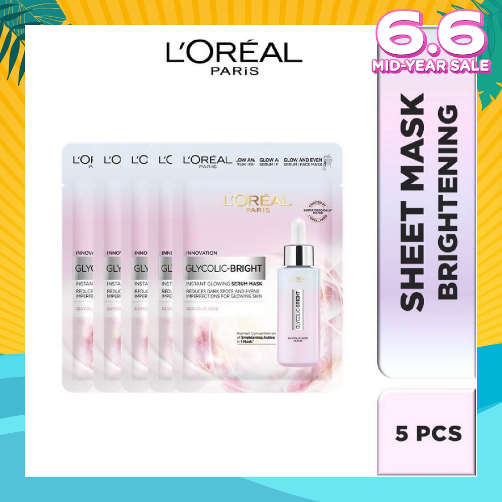 L'oreal Paris Glycolic Bright Instant Glowing Serum Mask Box of 5s (Contains brightening Glycolic Acid)<BR>