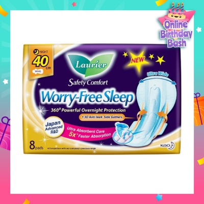 LAURIER Safety Comfort Worry Free Sleep Sanitary Napkin with Wing Ultra Wide Anti Leak Overnight 40cm 8s