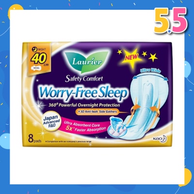 LAURIER Safety Comfort Worry Free Sleep Sanitary Napkin with Wing Ultra Wide Anti Leak Overnight 40cm 8s