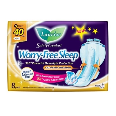 LAURIER Safety Comfort Worry Free Sleep Sanitary Napkin with Wing Ultra Wide Anti Leak Overnight 40cm 8s