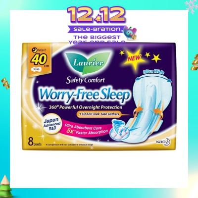 LAURIER Safety Comfort Worry Free Sleep Sanitary Napkin with Wing Ultra Wide Anti Leak Overnight 40cm 8s