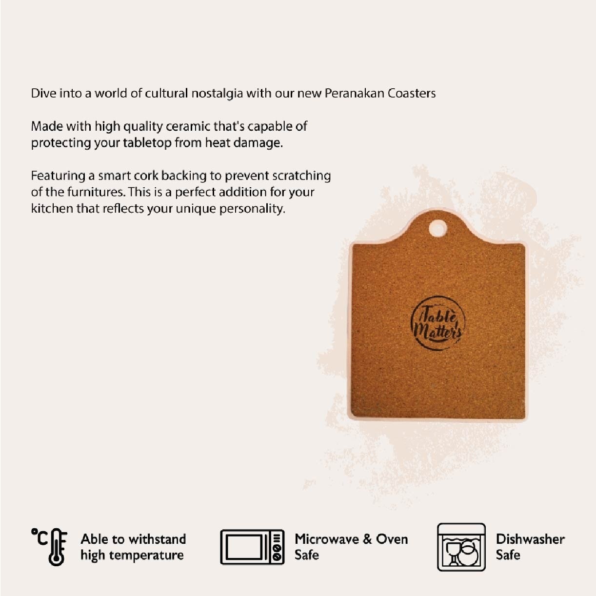 Peranakan Coaster (Pot)-G PC60060G (Heat Resistance + Thermal Insulator + Cork Backing To Prevent Scratches) 0.35kg