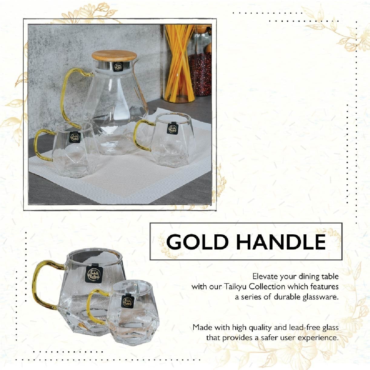 TAIKYU Gold Handle Diamond Glass CGWH34320 (High Quality And Lead-Free Glass) 340ml