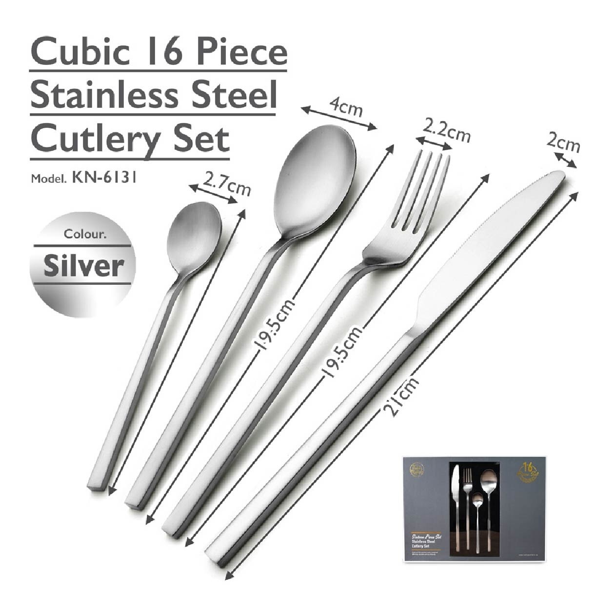 Cubic 16 Piece Stainless Steel Cutlery Set Matt Silver KN-6131-SILVER ( Made With High-Grade Stainless Steel, The Flatware Set Is Durable And Rust-Resistant Ideal) 0.725kg