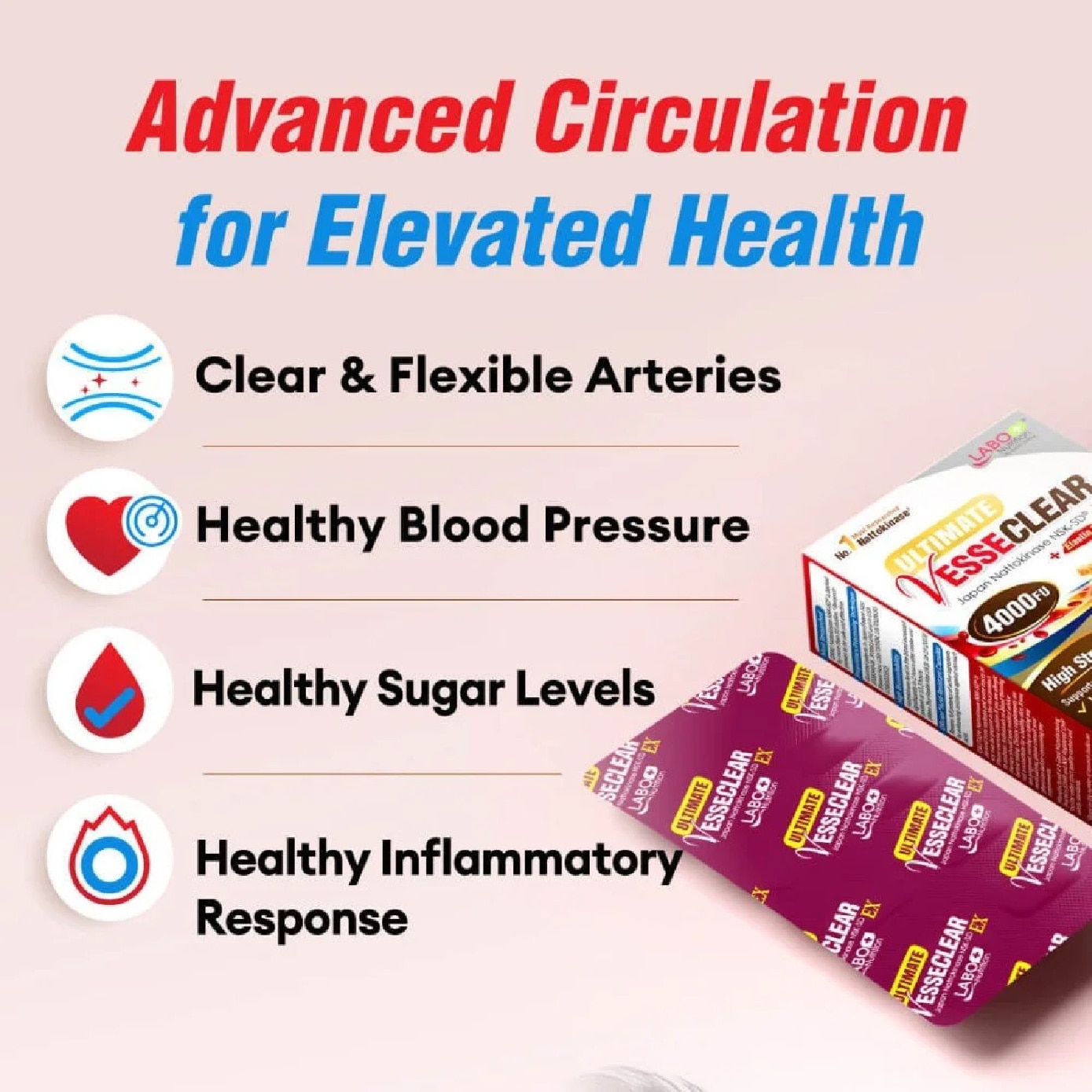 VesseClear EX Dietary Supplement Veggie Capsule (Nattokinase 4000FU + Elastin F for Clean & Flexible Blood Vessel, Healthy Circulation, Heart, Brain & Immune Health) 30s