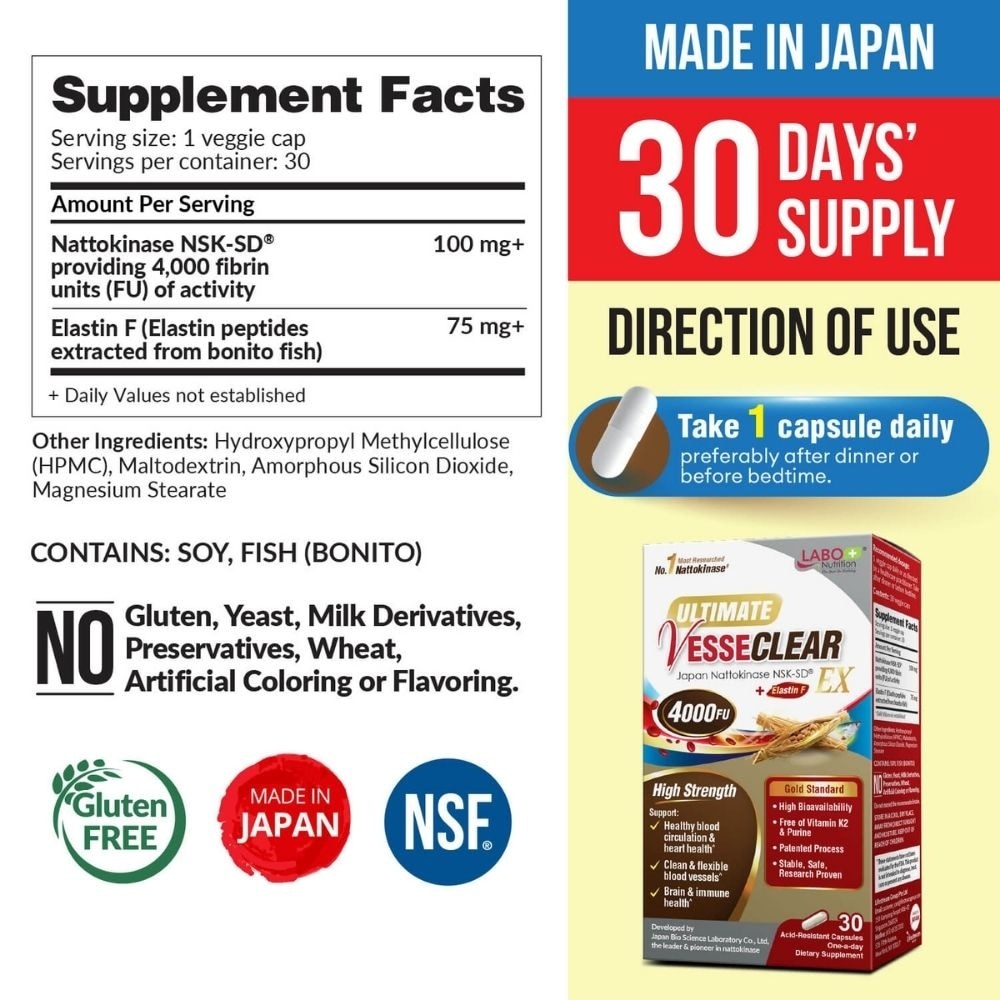 Ultimate VesseClear EX Nattokinase 4000FU + Elastin F Veggie Capsule (Clean & Flexible Blood Vessel, Healthy Circulation, Heart, Brain & Immune Health) 30s