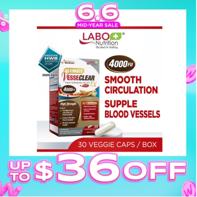 LABO NUTRITION - VesseClear EX Dietary Supplement Veggie Capsule (Nattokinase 4000FU + Elastin F for Clean & Flexible Blood Vessel, Healthy Circulation, Heart, Brain & Immune Health) 30s