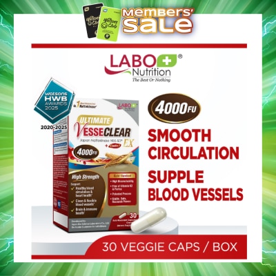 LABO NUTRITION - VesseClear EX Dietary Supplement Veggie Capsule (Nattokinase 4000FU + Elastin F for Clean & Flexible Blood Vessel, Healthy Circulation, Heart, Brain & Immune Health) 30s