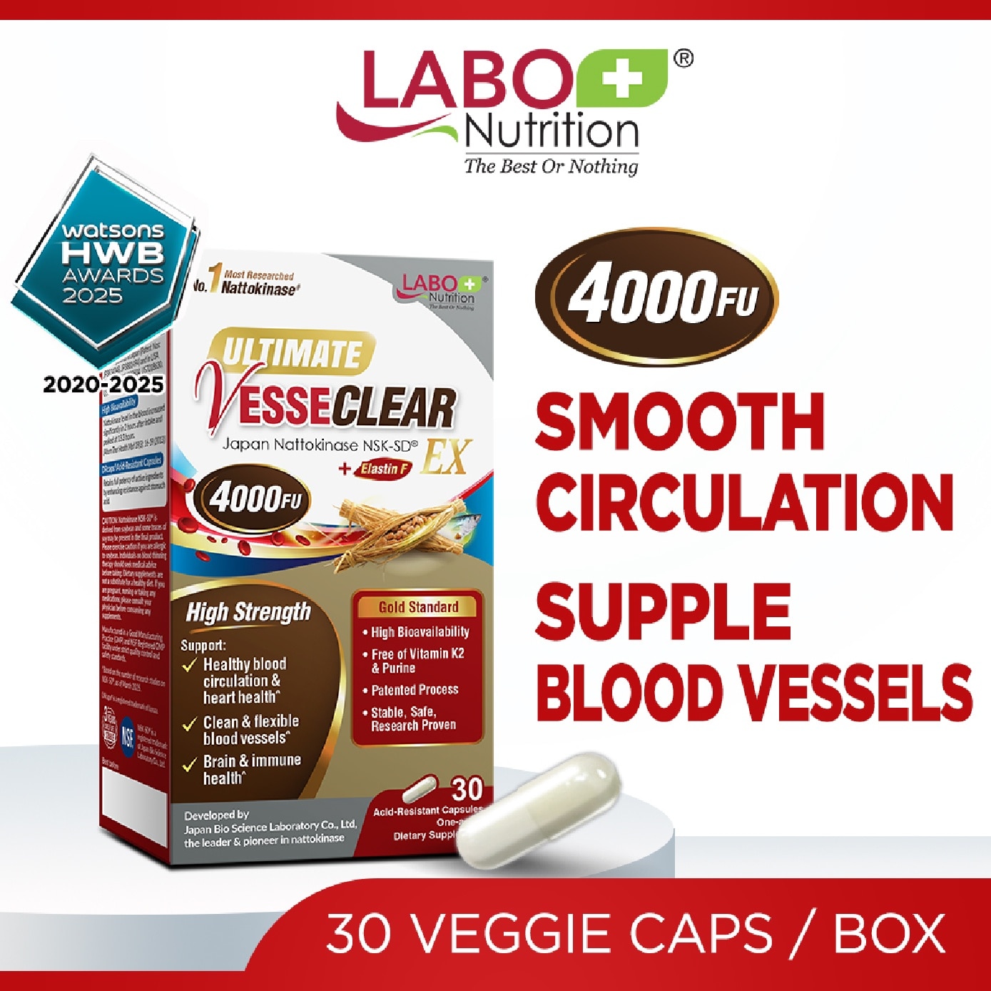 VesseClear EX Dietary Supplement Veggie Capsule (Nattokinase 4000FU + Elastin F for Clean & Flexible Blood Vessel, Healthy Circulation, Heart, Brain & Immune Health) 30s